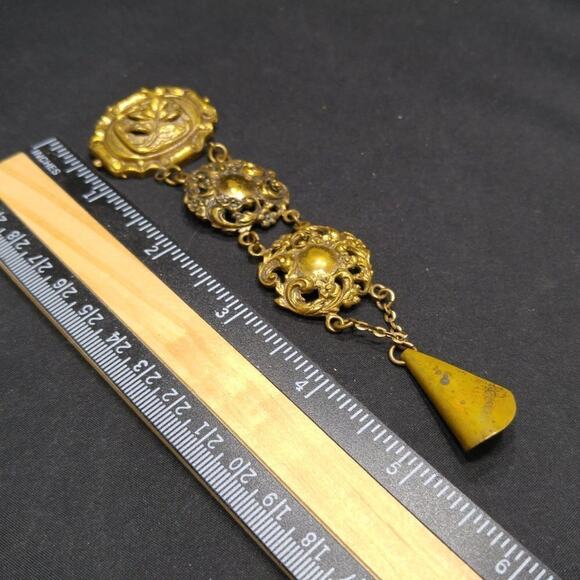 Vintage Brass Dangle Brooch 5.5" Long Filigree Panel Patina Finish Statement Pin - Picture 8 of 10